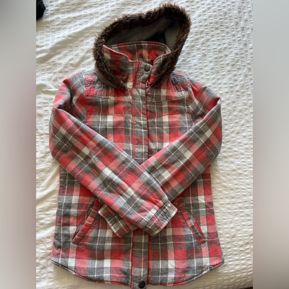 Vintage Roxy Pink, Grey & Wt Flannel Plaid Faux Fur Hooded Zip Up Lined Jacket